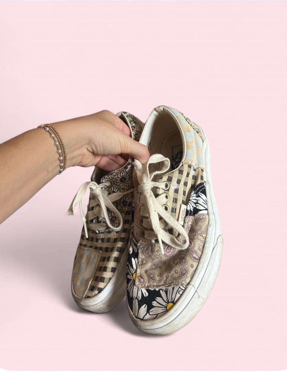 Patchwork Vans Canvas Lace-Up Sneakers in Beige and Black - Daisy & Checker - W8